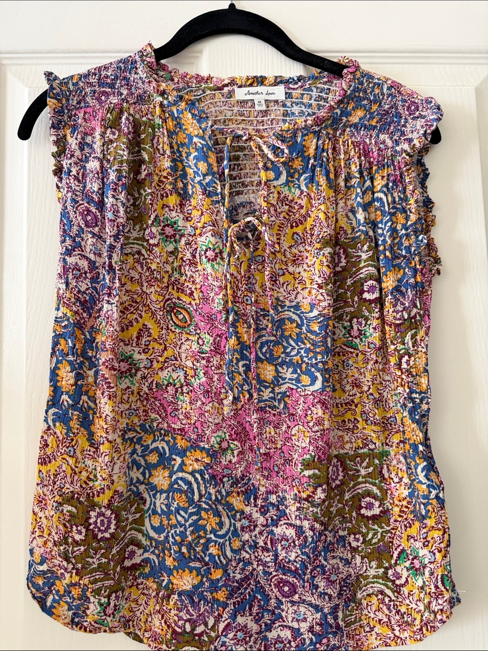 Another Love Blue Pink Yellow Floral Patchwork Tie-Front top
